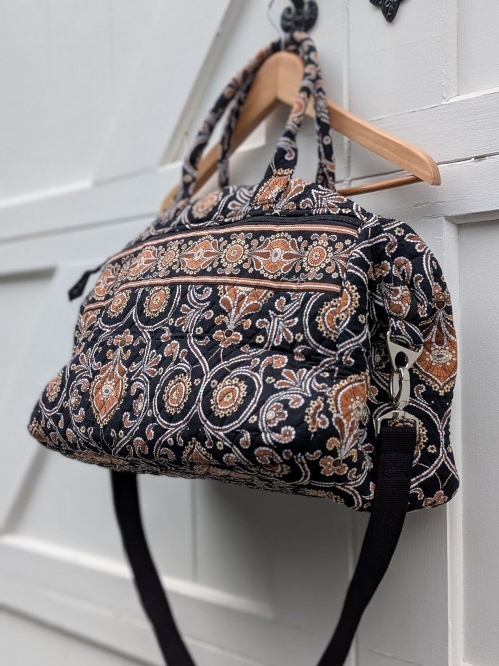 Vera Bradley Black Cognac Paisley Quilted Cotton Weekender Duffle Travel Bag